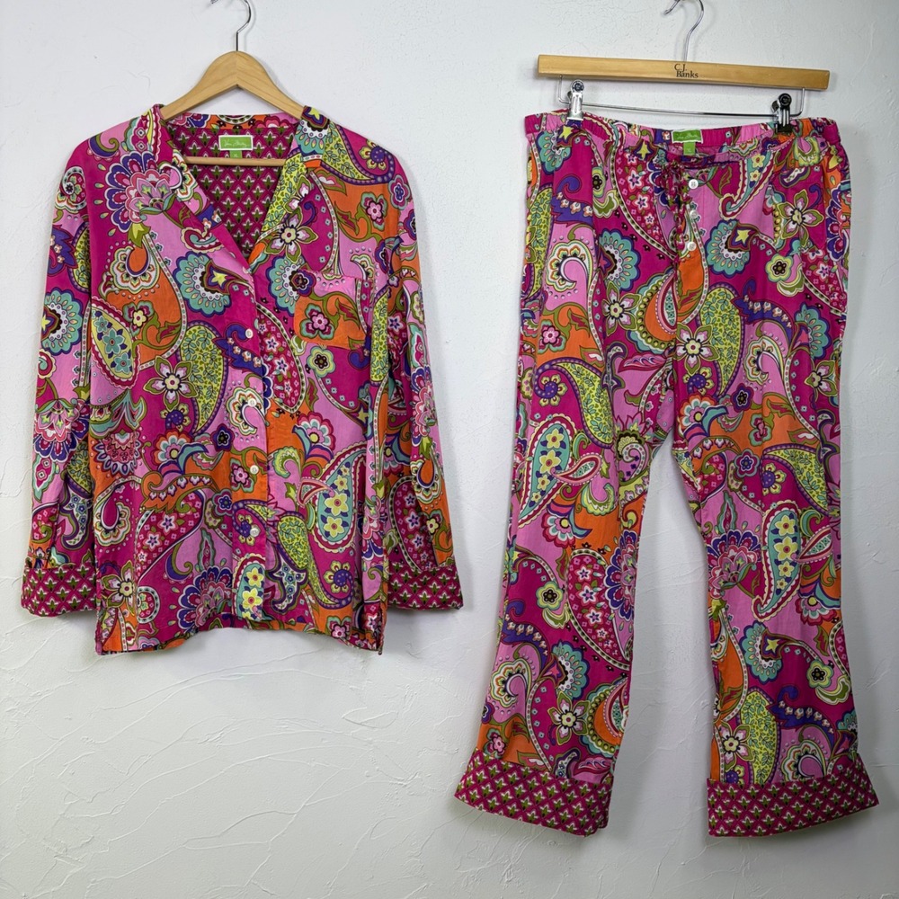 Vera Bradley Pajama Set Womens XL Pink Paisley Cotton Sleepwear Loungewear